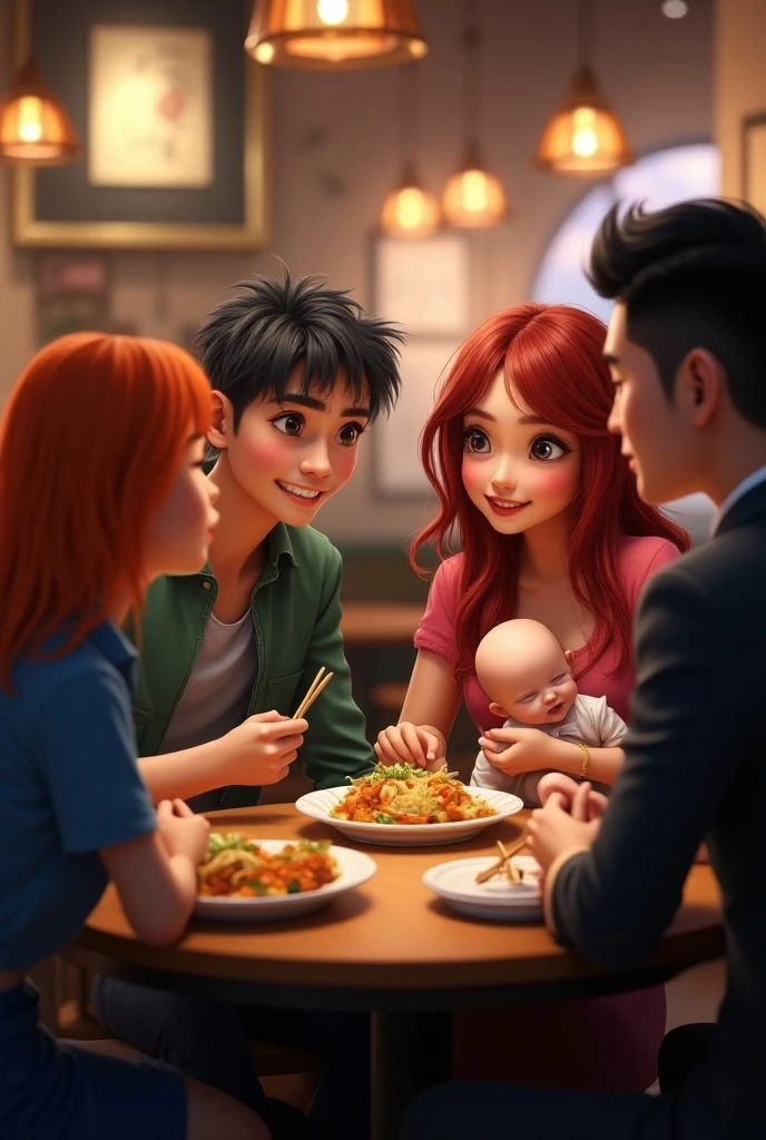 Casal estilo Disney sorrindo no restaurante.