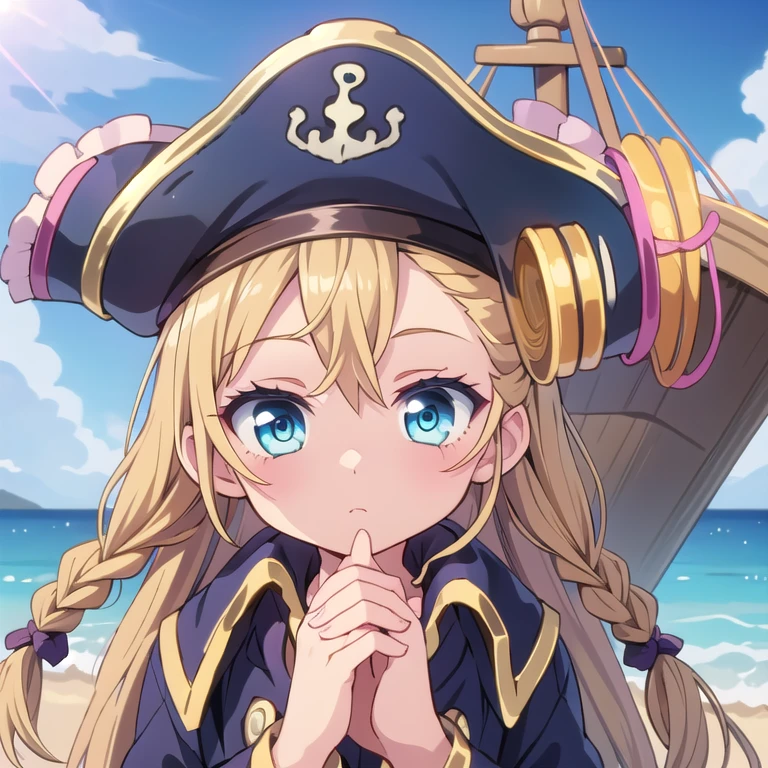 (masterpiece), best quality, expressive eyes, perfect hands, perfect fingers, perfect face, perfect anatomy, pirate ship, pirate cap, telescope, ocean

Patty Fleur, 1girl, low-braided long hair, low-tied long hair