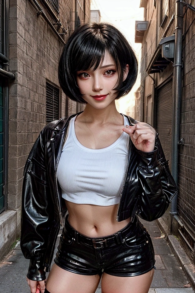 masterpiece, newest, best quality, high quality (beautiful face, smiling, detail face)
 "realistic anime-style female character standing confidently in an urban alleyway. she has a short, glossy black bob haircut that frames her face. she is wearing a black leather jacket, a tight white crop top, and high-waisted denim shorts. the lighting emphasizes her curves and highlights the shine of the leather. the alley is bathed in warm sunlight, creating sharp contrasts between light and shadow on the walls. the background includes narrow buildings, cables, and some street details like lanterns. the overall mood is energetic and vibrant, with attention to detail on her expression, outfit, and the urban environment, 