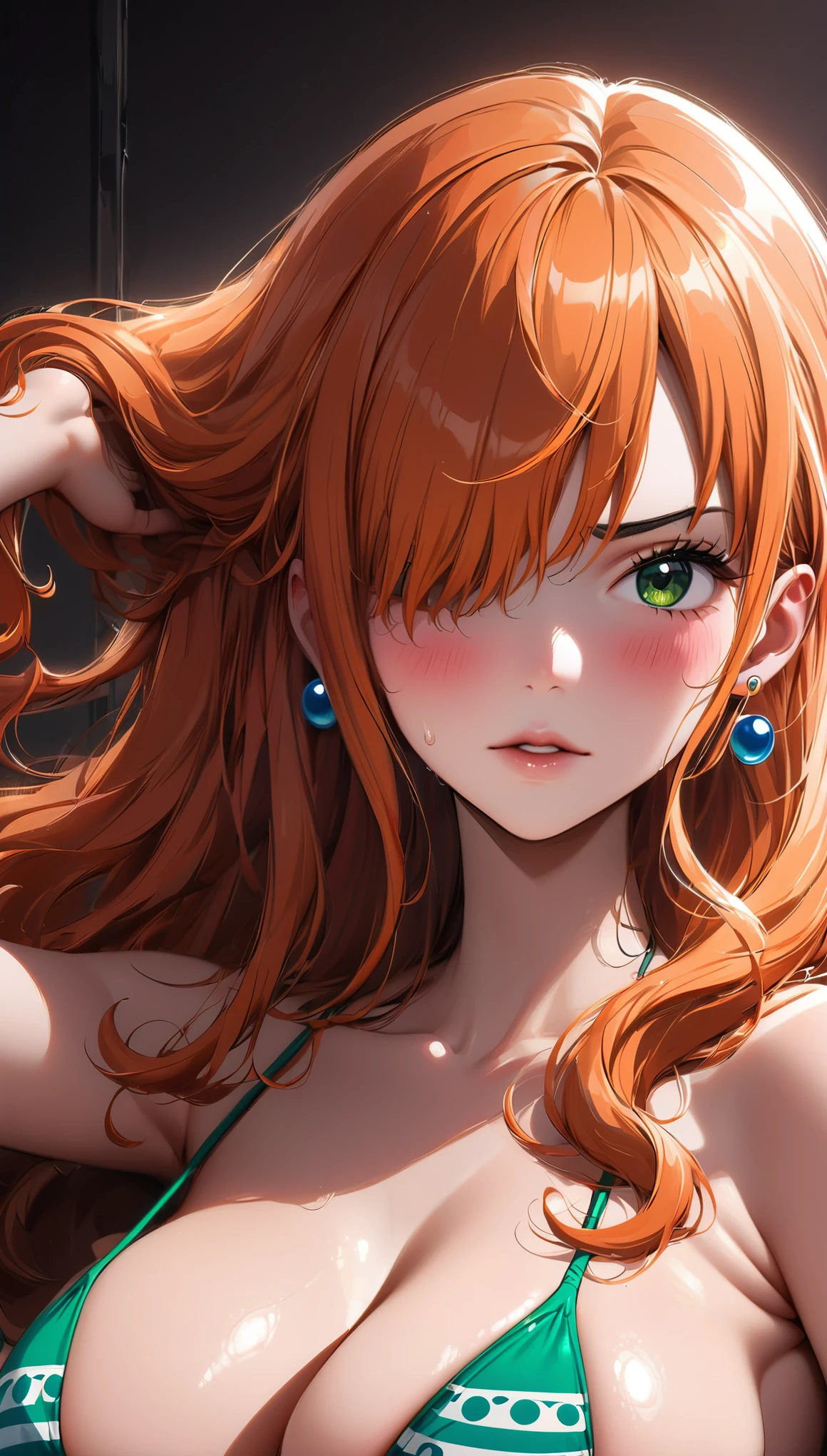 masterpiece, best quality, intricate details, 1 girl, woman, orange hair, nami \ (one piece\), green eyes, sligh wavy hair, ((hair over one side of face)), (close-up shot), portrait, focus on face, bust, (chest and face), earrings, defined eyebrows, perfect face, female focus, large breast, cleavage, female focus, looking at viewer, blush, (arm up), (front view) (close up shot) (solo) detailed, very high resolution, no blurry image, ((nami from one piece)) ((female nami from one piece)), curvy, masterpiece, best quality, highres, best illumination, depth of field, indoors, vivid colours, colours, sweating, wearing bikini