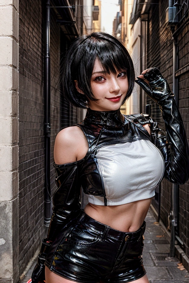 masterpiece, newest, best quality, high quality (beautiful face, smiling, detail face)
 "realistic anime-style female character standing confidently in an urban alleyway. she has a short, glossy black bob haircut that frames her face. she is wearing a black leather jacket, a tight white crop top, and high-waisted denim shorts. the lighting emphasizes her curves and highlights the shine of the leather. the alley is bathed in warm sunlight, creating sharp contrasts between light and shadow on the walls. the background includes narrow buildings, cables, and some street details like lanterns. the overall mood is energetic and vibrant, with attention to detail on her expression, outfit, and the urban environment, 