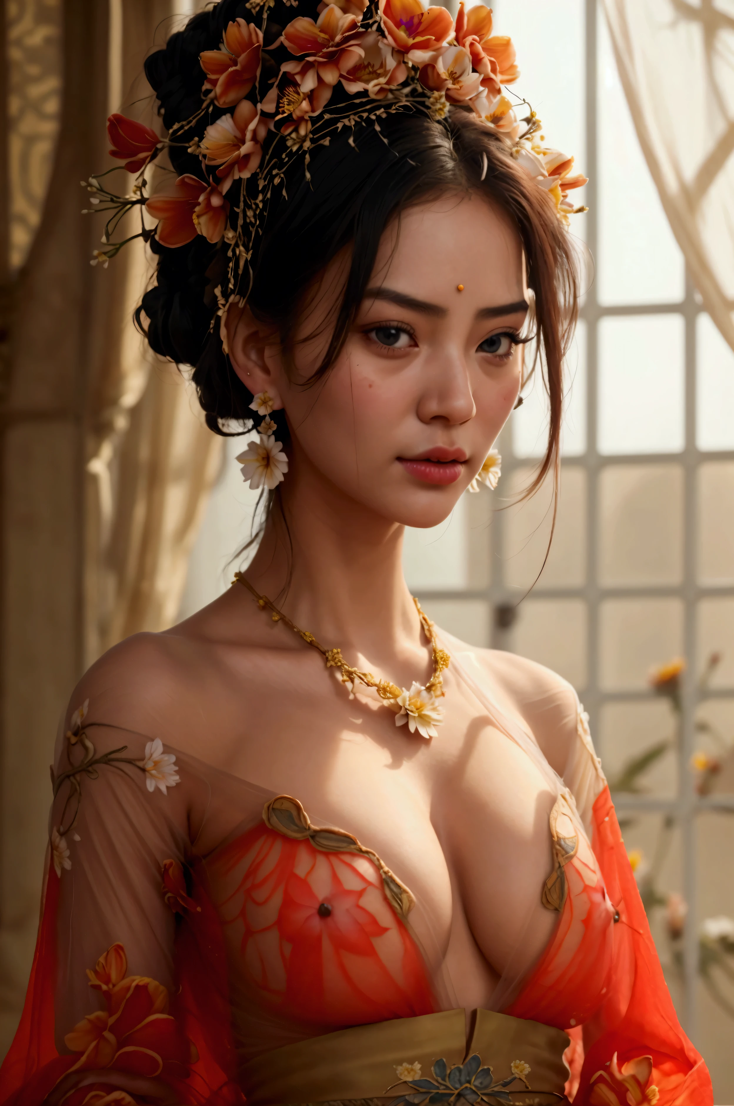 Highest quality, Masterpiece, high resolutionเป็นพิเศษ, (realistic: 1.4) 1 girl, beautiful_face, Fine skin, full body, decorations, alone, palace, queen, earring, (Tuesday: 1.3), Blurry, realistic, lips, สไตล์Dunhuang, (tangled: 1.2), (flower: 1.4), big breasts, The navel is exposed, , ahe-face, painful expression, enjoy, big, armpit, M shaped legs, open legs, camel toe, Barefoot, Barefoot, Barefoot, Highest quality, Masterpiece, Highly detailed, high resolution, 8ก, complicated details, realistic, realistic, incredible light, Partially hidden 1 girl, Dunhuang_clothes, Dunhuang_set, clothes, (see through: 1.3), Through a thin curtain, glance at chest, Create an attractive and suggestive effect., Lets you see her skin and breast shape.