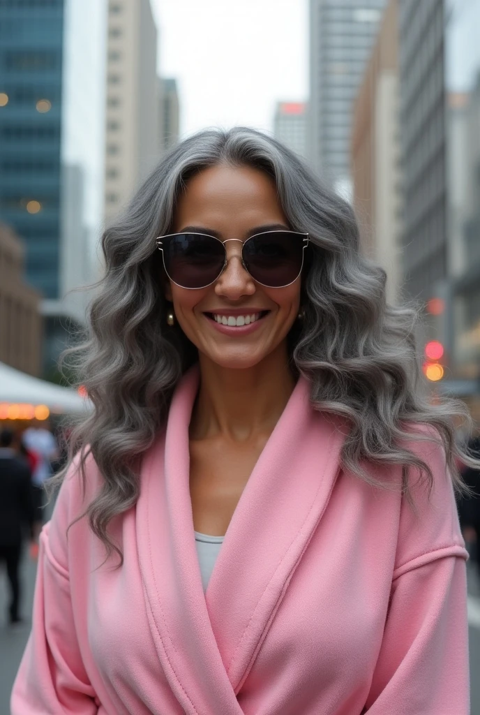 A beautiful youthful looking Hispanic version of Ariana Grande as a 50 years old woman with long her completely gray hair in a big curls styles as the superhero Daisy Johnson from Agents of
S.H.I.E.L.D with blue eyes wearing sunglass wearing a bathrobe in a city downtown with many skyscraper nearby she is smiling for the camera