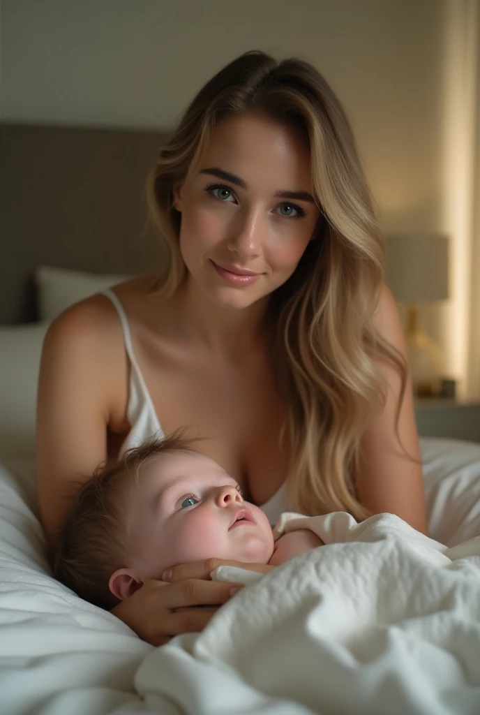 Cameron Diaz breastfeedimg a baby on bed