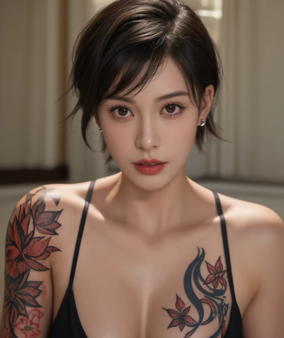 short brawn hair,  black top, looking at viewer, cinematic lighting, high resolution, soft lights, high resolution skin:1.2, realistic skin texture, realistic face, solo, look at viewer, detailed face, tattoo, Exposed cleavage, blue Eyes, big boob