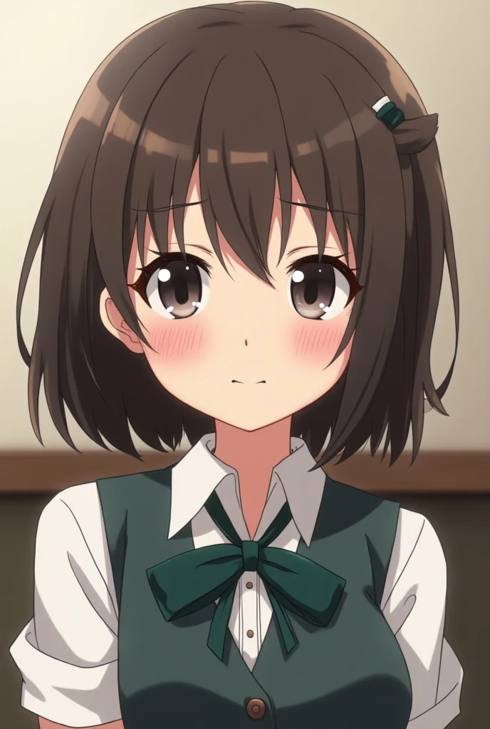 masterpiece, best quality,1girl,<lora:GoodHands-vanilla:0.8> <lora:anmnr01:0.3> <lora:add_detail:0.5>, <lora:Mutuski:0.7>,MutuskiKC,stand,face only, close to viewer,upper body,spoken heart,short sleeve, (Mutuski) uniform, (white) serafuku, (green) sailor collar, (green) pleated skirt, (black) pantyhose, short brown hair,ww2 age office,happy,looking up viewer,spread arms,open mouth