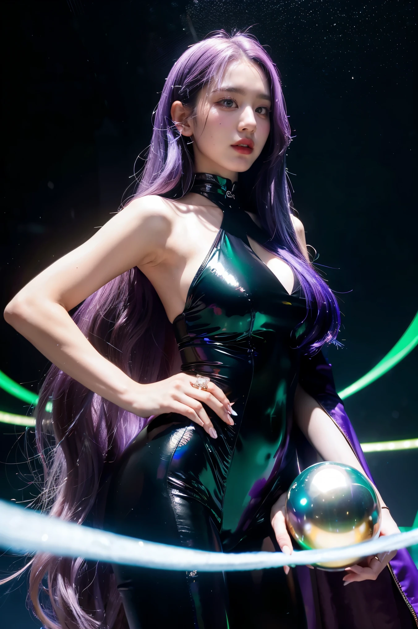 Masterpiece, best quality, 1girl, with long flowing iridescent hair in shades of purple, blue, and green, wearing a sleek black bodysuit, standing in a dramatic pose with one hand on her hip and the other holding a glowing, magical crystal ball. In the background, a swirling vortex of light and energy adds to the mysterious and enchanting atmosphere of the scene. glow hair, multicolor hair