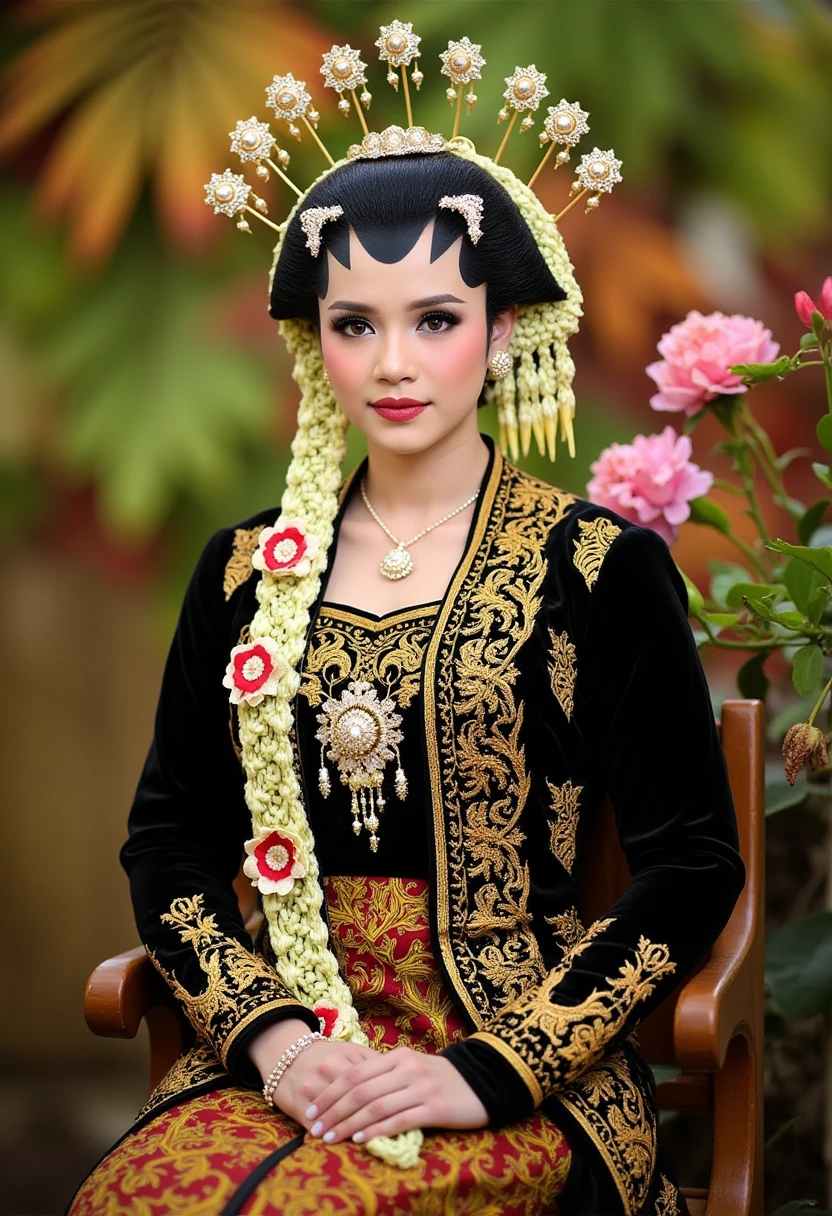 (masterpiece, best quality:1.2), 1girl, Alone, Javanese Traditional, sitting, flower, blur colorful background