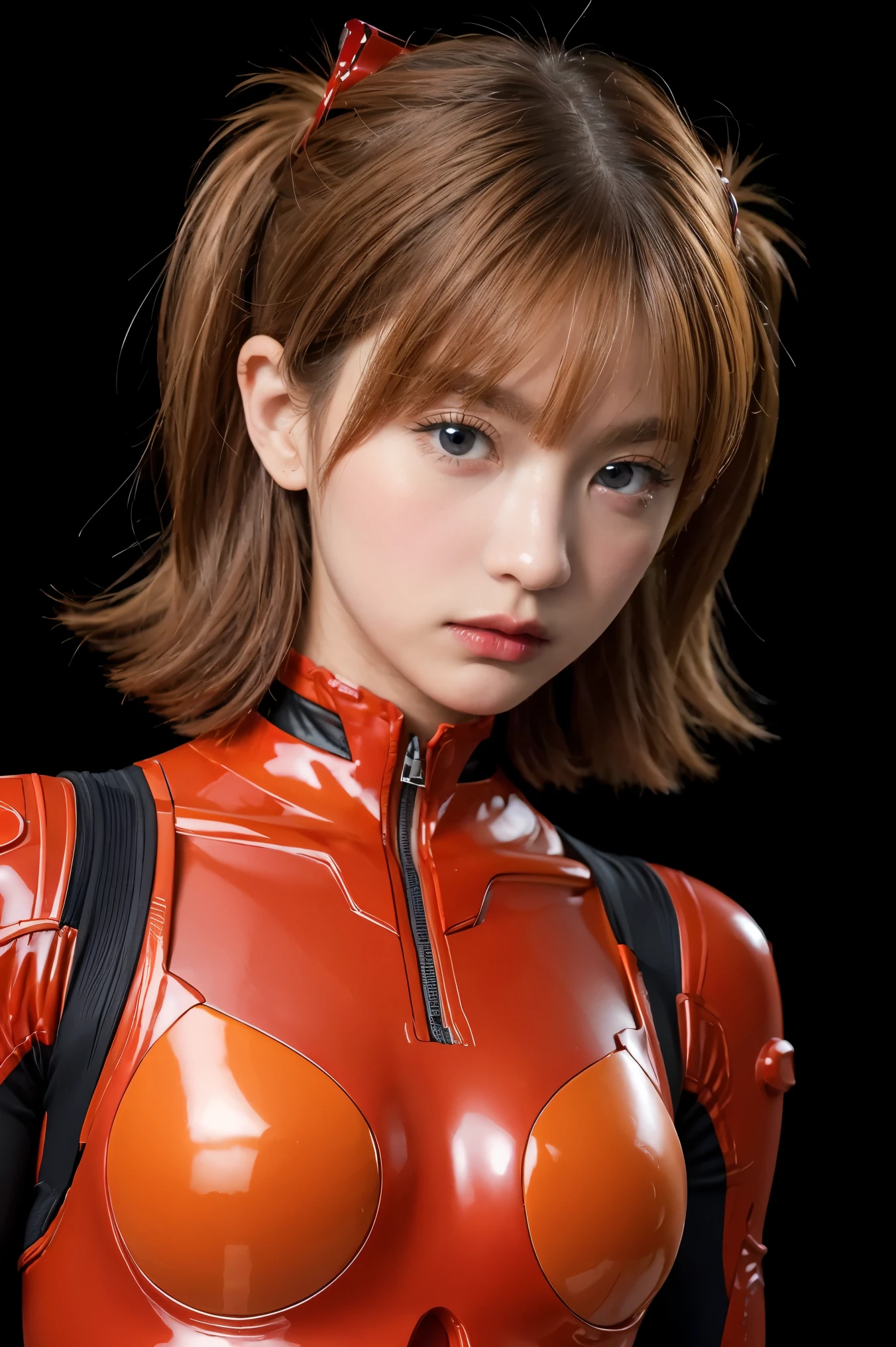 (Masterpiece: 1.4, highest quality), (intricate details), Unity8k wallpaper, super detailed, beautiful and mysterious, detailed background, realistic, solo, perfect detail face, detailed blue eyes, very detailed, blush, hair ornament, chignon mahogany hair, (blonde hair), plug suit 02,Shikinami Asuka Langley, Evangelion, slender , full body suit, black background, Above the waist