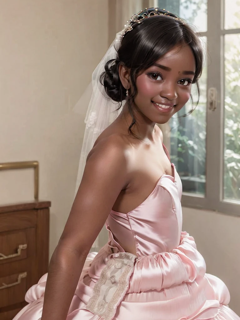 A Indian girl, black ponytail, (black skin:1.4), BREAK, baby face, standing, (satin princess dress, pink wedding dress:1.4), BREAK, (wedd00ing:1.2), (tiny tits, tt_flat), ((shooting from side)), armpit, smiling,+ bedroom, 