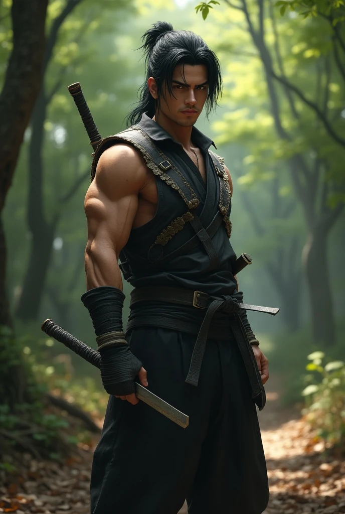 samurai warrior, ((masterpiece, highest quality, Highest image quality, High resolution, Raw photo, 8K)), ((Extremely detailed CG unified 8k wallpaper)), (huge stunning warrior shot, full body, musclural body beauty:1.4), black hair, black hair, nervous, Posing for the camera, In a warrior fighting stance, unkempt hair, a stern look, and dual swords, symbolizing his mastery of the dual-wielding technique. Pose: Holding both swords, one above his head and one in front, in a ready stance, showcasing his adaptability and readiness., photorealistic, 16k, 8k, 4K, award winning