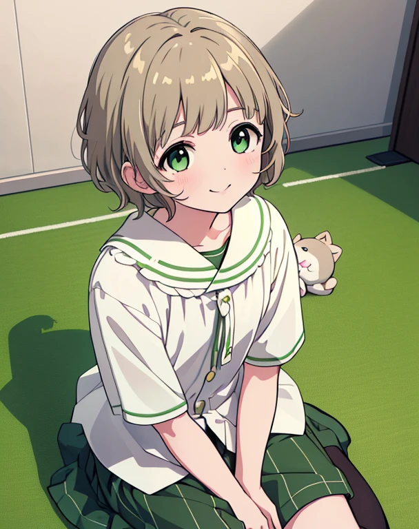 (masterpiece,  High Resolution ,  best quality, Super detailed:1.2) One person, (((dull_前hair))), Realistic, smile, closure_mouth, , Hymen_kanOn, Alone, male_, very_short_hair, green_eye, Sitting, On_floor, , looking_up,  watching viewers