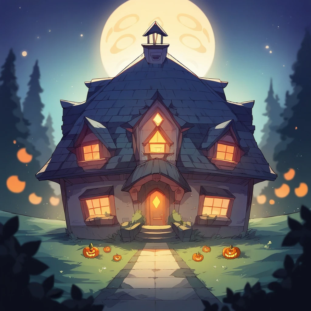 Game Building、The witch's house，halloween，the bats，Jack-o'-lantern，cartoonish style，wide angles，in a panoramic view，angle of depression，Game banner，tmasterpiece，best qualtiy，超高分辨率，3Drenderingof，8K，