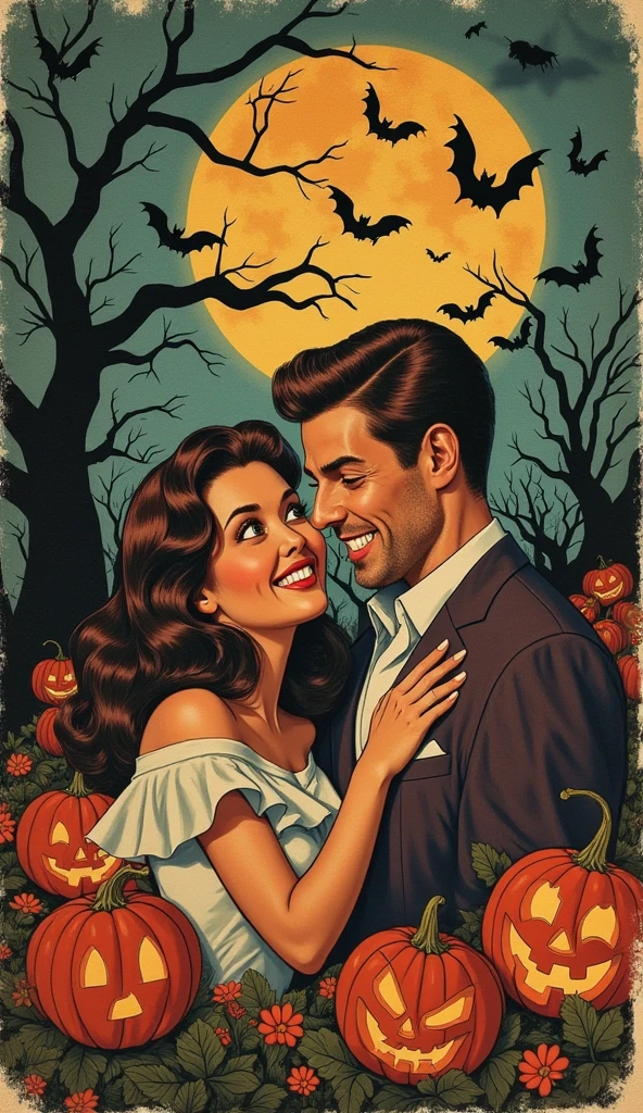 A comic book cover with a vintage 1940s-50s Halloween theme, featuring the busts of a passionate couple. The woman has wide, expressive eyes and a soft smile, leaning in towards the man, whose face shows a mix of love and concern. Their foreheads nearly touch, creating an intimate moment amidst an eerie backdrop.

Behind them, a dark, shadowy landscape filled with twisted, gnarled trees, floating ghostly apparitions, and a plethora of glowing jack-o'-lanterns sets an ominous atmosphere. Bats flutter in the night sky, and a full moon bathes the scene in ghostly light, adding to the Halloween ambiance. One particularly sinister pumpkin grins menacingly, hinting at the impending tragedy that awaits.

The title 'Love’s Last Scream!' is prominently displayed in dramatic, stylized lettering at the top. Within the scene, the words 'amor,' 'Halloween,' and 'tragédia' appear artistically integrated into the background, enhancing the thematic narrative. Taglines like 'A Halloween Romance to Die For!' and 'Will Their Love Survive the Curse?' provide additional context. The artwork features a nostalgic paper texture, enhancing the classic comic book aesthetic while beautifully capturing the bittersweet blend of romance and Halloween tragedy