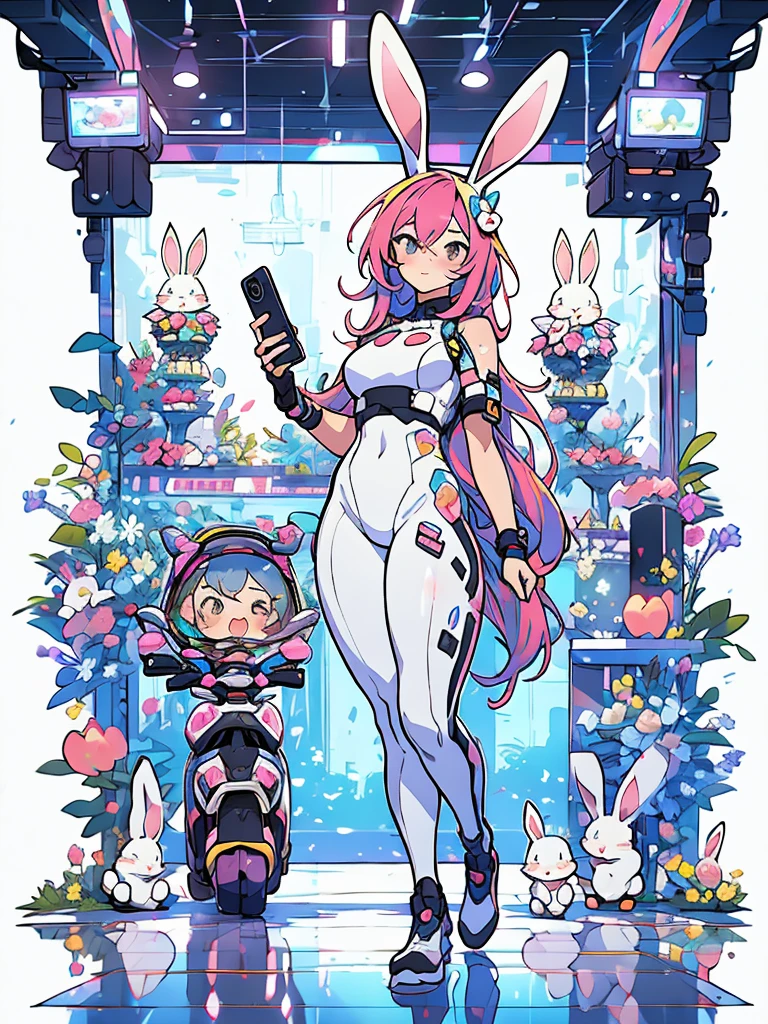 rabbit woman with blue and yellow eyes, in a blue bathing suit, long orange, pink shadow hair with rabbit ears same color bunny ears, space dandy, space hero, galactic hero, anime hero female, small smirk,long legs, mid bust, womanly figure. absurdres, 8k,(RAW photo, best quality), (beautiful composition, coherent:1.3) best quality, ultra high res, masterpiece, extremely detailed, 8k wallpaper, cinematic lighting, beautiful detailed eyes, extremely detailed eyes and face, perfect anatomy, shadow on face, an extremely delicate and beautiful girl natural lighting, cinematic,