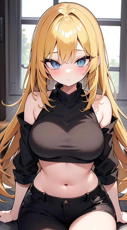 beautiful anime girl, cute, blonde hair, big breasts, very sexy, wearing a crop top with her top open and showing a little bit of breasts