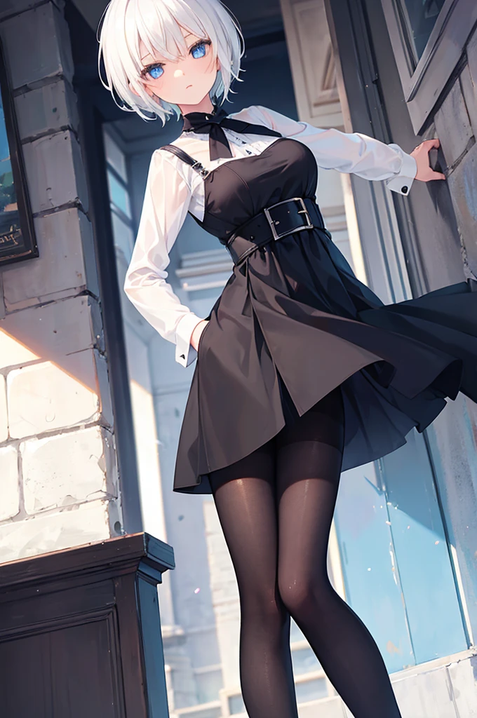 girl, white hair, short hair, blue eyes, black dress, black pantyhose.