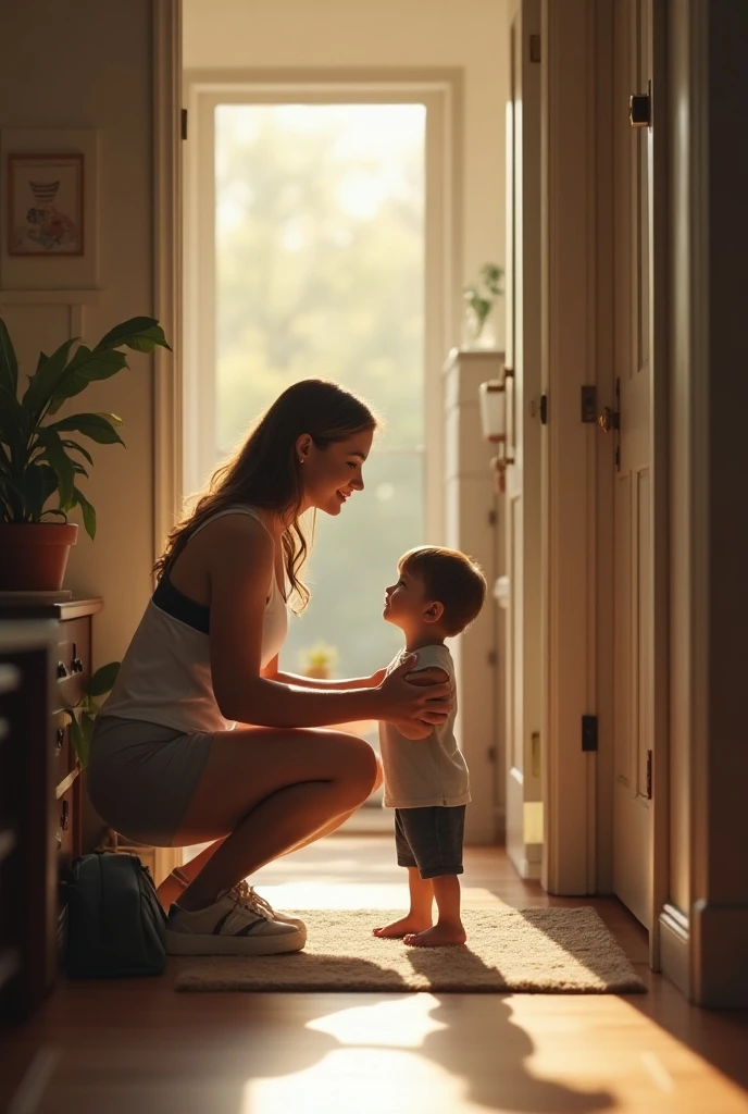 5 year old boy put his hand on her mom waist, both are nude, in kitchen