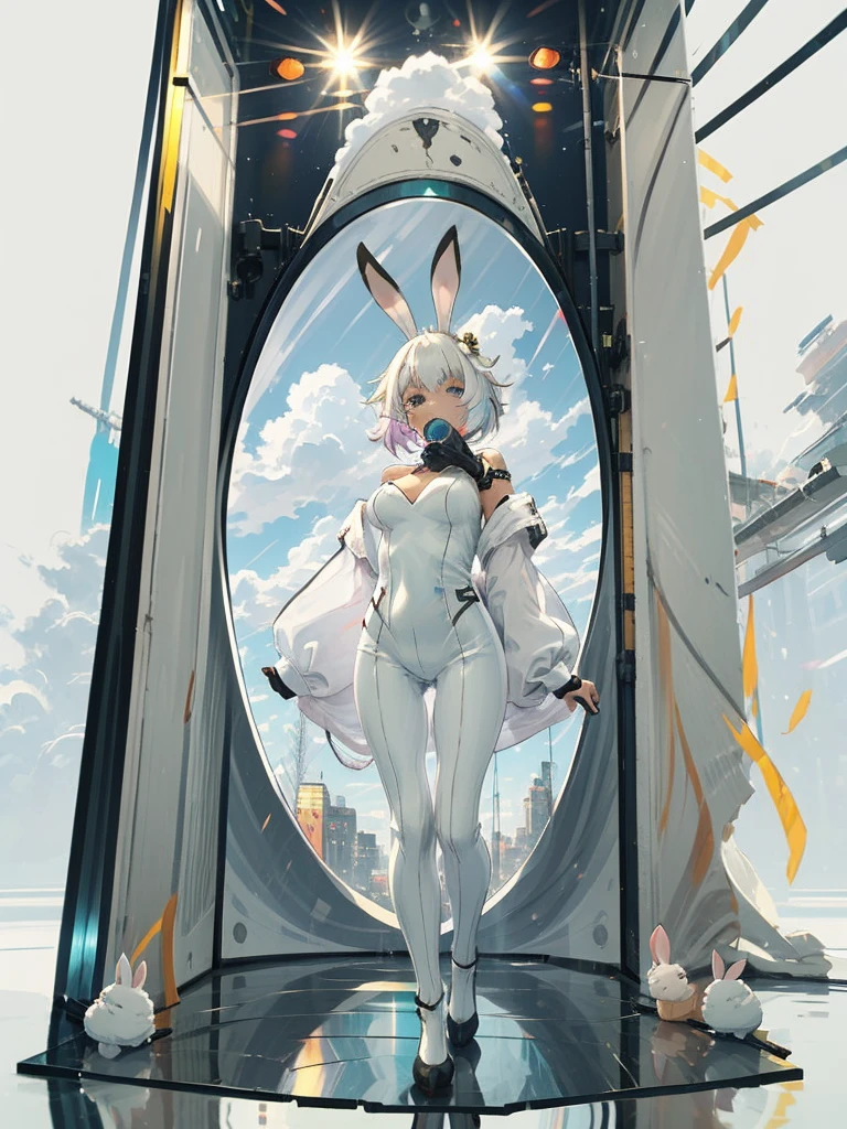 white background, full body,1 girl,cloud,colorful,there is a woman in a bunny suit taking a selfie in a mirror, with bunny ears, bunny girl,cyber bunny,kawaii,colorful hair, wearing a bunny suit, bunny ears, (sfw) safe for work, bunny suit, wearing cybernetic bunny ears,shirtlifthent