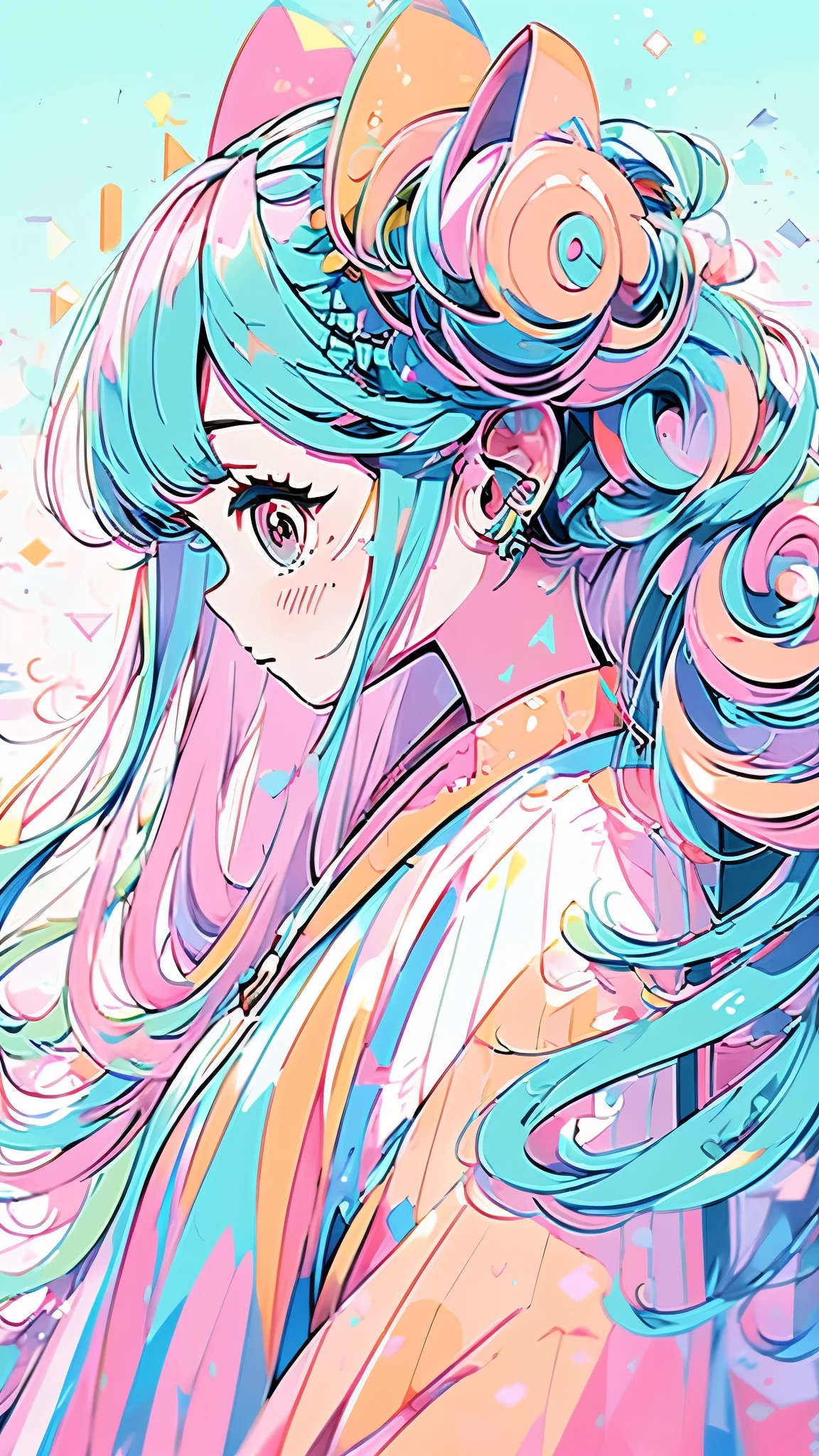masterpiece, 最high quality, Hatsune Miku,high quality, Super detailed, best quality, insanely detailed , beautiful, masterpiece, light pink and light blue and light orange pink and light lime