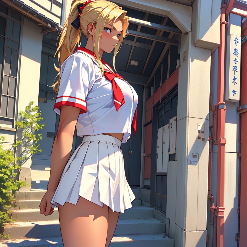 perfect eyes:1.2, detailed eyes:1.4, smile, lucy heartfilia, blonde hair, brown eyes,  one side up, long hair, large breasts, white shirt, sleeveless, belt, blue skirt, cowboy shot, 1girl, solo, (masterpiece:1.6, best quality), 8k, insane details, intricate details, hyperdetailed, hyper quality, high detail, ultra detailed, professional, HDR, ray tracing reflection, cinematic lighting,
