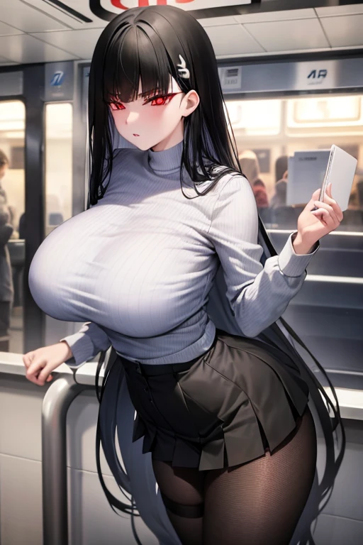 Big Breasts、White knit、Vertical knit、 long sleeve、Black fishnet pantyhose、miniskirt 、Long, slender legs、Black Hair、Red Eye、Crowded train、 High Resolution 、Best Quality、 high definition models