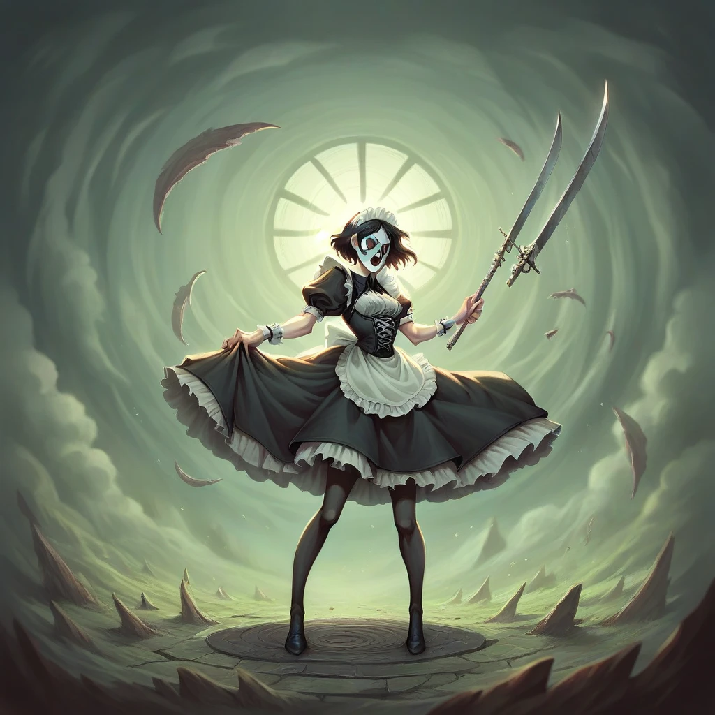 This Halloween-themed, creepy artwork showcases a dark and ominous woman, the embodiment of the scary queen of death. Clad in a black, tattered dress that billows eerily in the cold night air, she wields a gleaming sword and carries a sinister pumpkin, signaling her role as a harbinger of terror. Her armor is adorned with spikes and skeletal motifs, emphasizing her dark power and malevolence, karol bak uhd, fully clothed. painting of sexy, anime girl in a maid costume, maid costume, seductive. highly detailed, maid, sensual painting, pinup art, corset, wearing maid uniform
