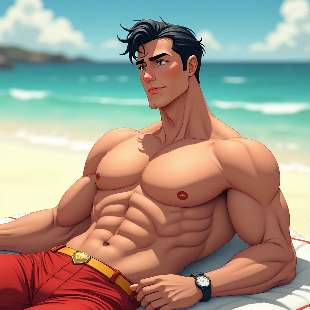 Prince Eric, broad shoulders, solo, smirking smiling, beach , castle in the beach background, daylight, athletic physique, slender, no body hair, wearing nothing, completely naked , Realistic, fully naked, nude, perfect , male , correct male scrotum, perfect scrotum, male structure, correct male genitelia, huge and veiny male genitelia, hard male genitalia, erect male genitalia,