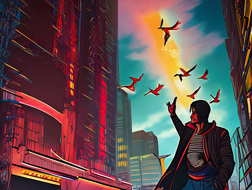 Create a futuristic, cyberpunk-themed image with the title "Graça Suficiente" for a church sermon. The scene should depict a man pushing a car uphill, symbolizing struggle, but with glowing doves flying overhead, representing divine grace and support. The background features a cyberpunk cityscape with neon lights, futuristic buildings, and a moody, intense sky. The contrast between the man's effort and the peaceful doves signifies that God's grace is always present, even in challenging circumstances.