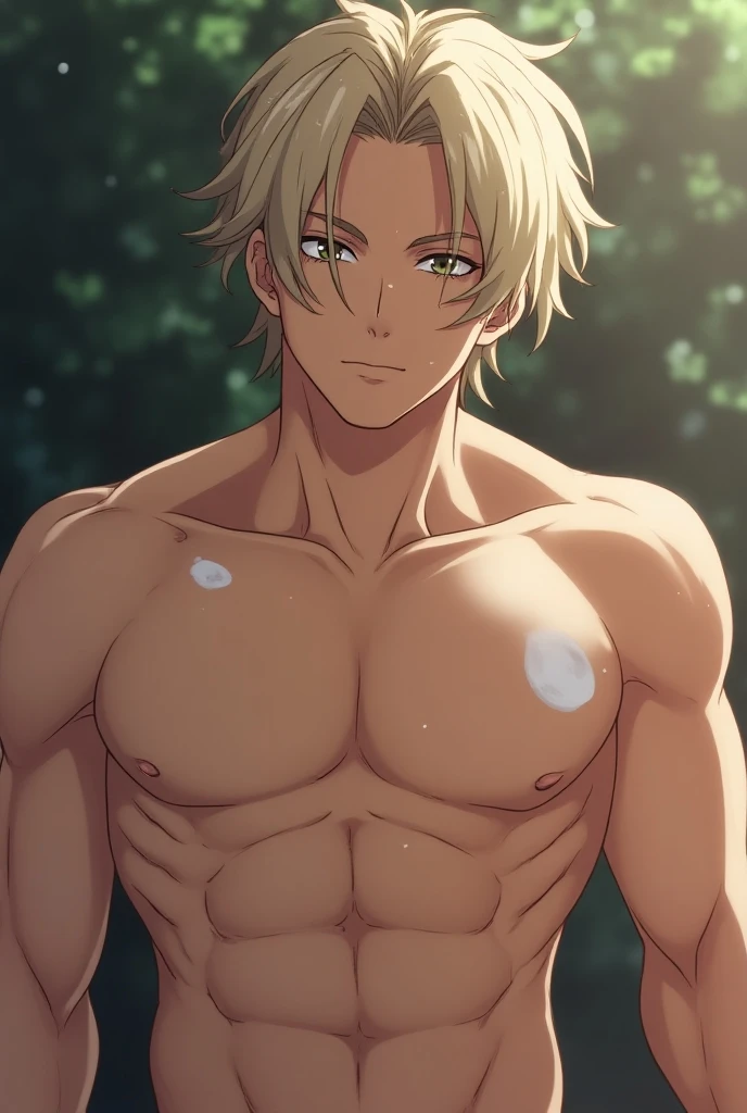 masterpiece, best quality, high quality, 1boy, solo, male focus, looking at viewer, showing his muscle, shirtless, shirt off, asta, green eyes, headband, grey hair, spiked hair, slim body, medium body, his hands in the back, realistic, no shirt, nude, penis