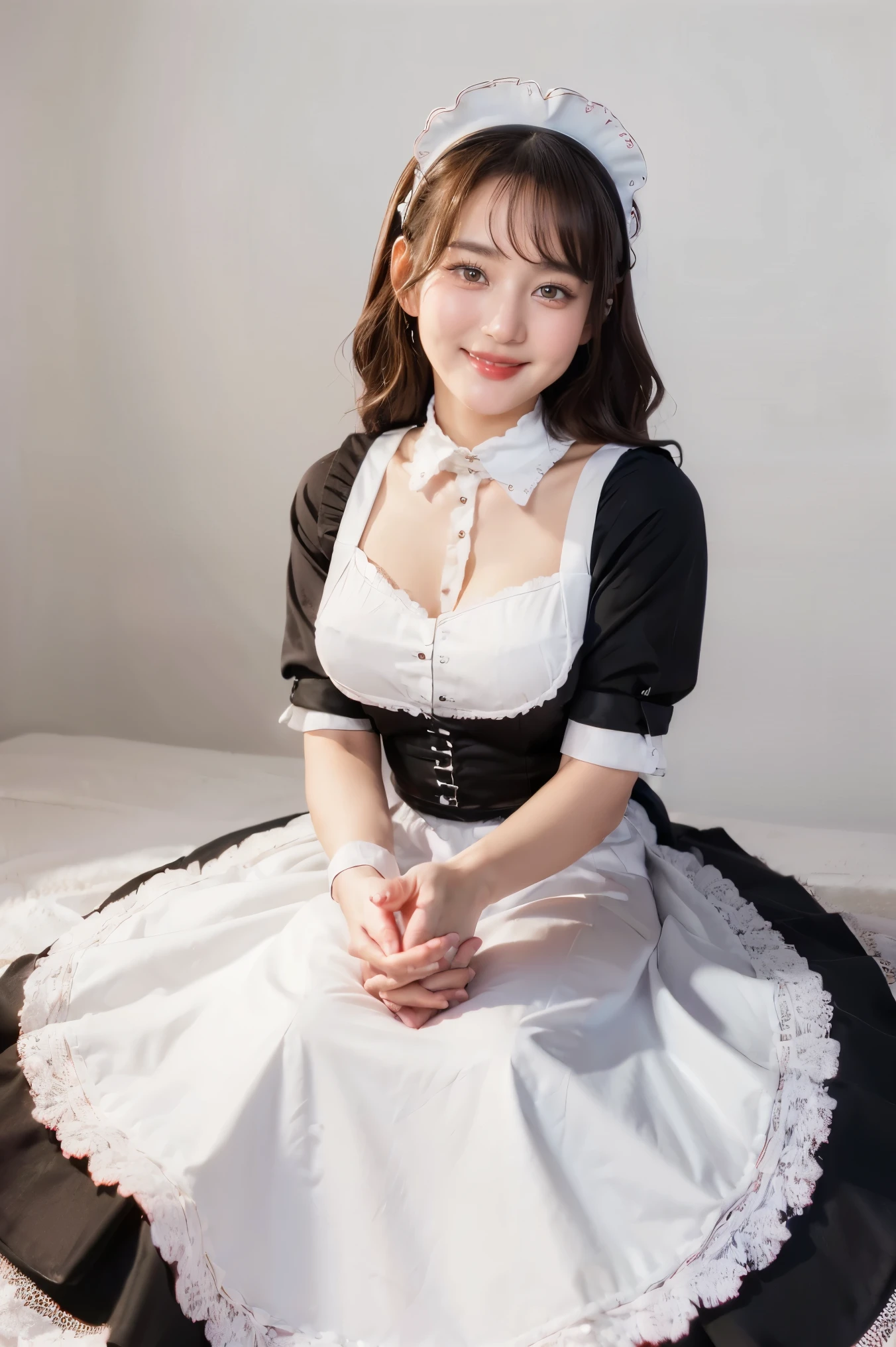 ((beautiful maid:1.5),high resolution, top quality),wearing maid's uniform,soft hands, big bright eyes, dark and vibrant curled hair, sweet smile, rosy cheeks, soft light, pure white background.  