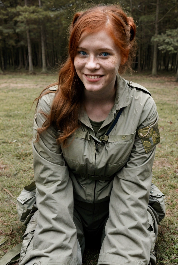 Young girl,  at a military facility in the forest, 1 girl, red hair, a few freckles, glasses, closed parade military uniform, shoulder straps ,  military pants , CAP, square hairstyle, Blue eyes, mystical mood,   Looking at the viewer, Smile, flirting,long sleeves, warm clothes, winter jacket women sitting on the grass, rest, rest on the grass, World War II




