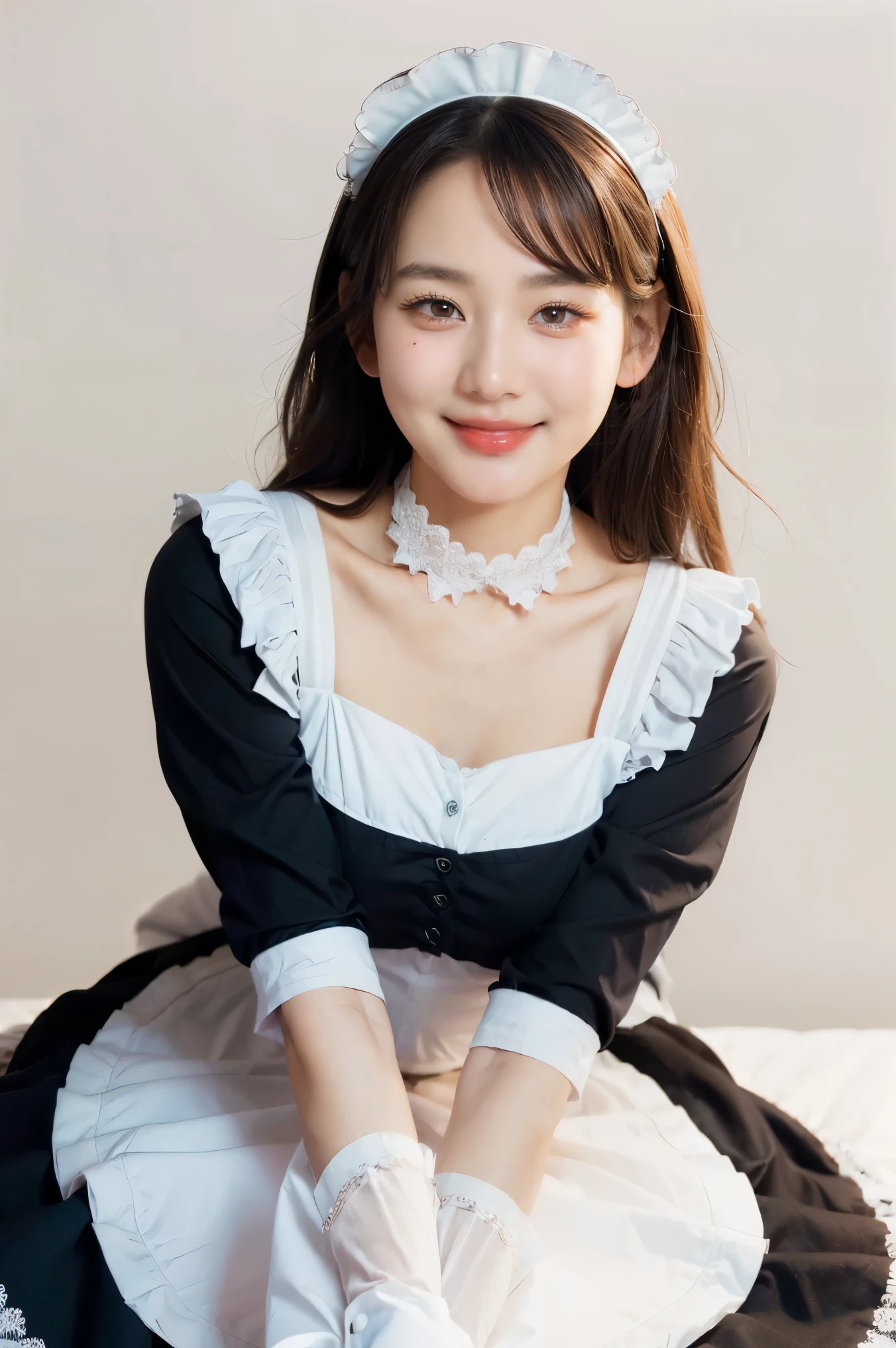 ((beautiful maid:1.5),high resolution, top quality),wearing maid's uniform,soft hands, big bright eyes, dark and vibrant curled hair, sweet smile, rosy cheeks, soft light, pure white background.  