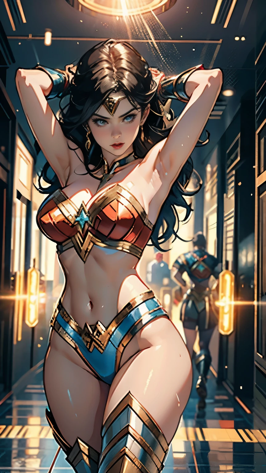 wonder women，  photore， Soft and soft lighting， smooth detailed， octanerender， ArtStation Trends， hyper-high detail， Ultra photo realsisim， cinematic ligh，16k，，extremely large bosom，big breasts thin waist，long leges，nakeness， bikini
