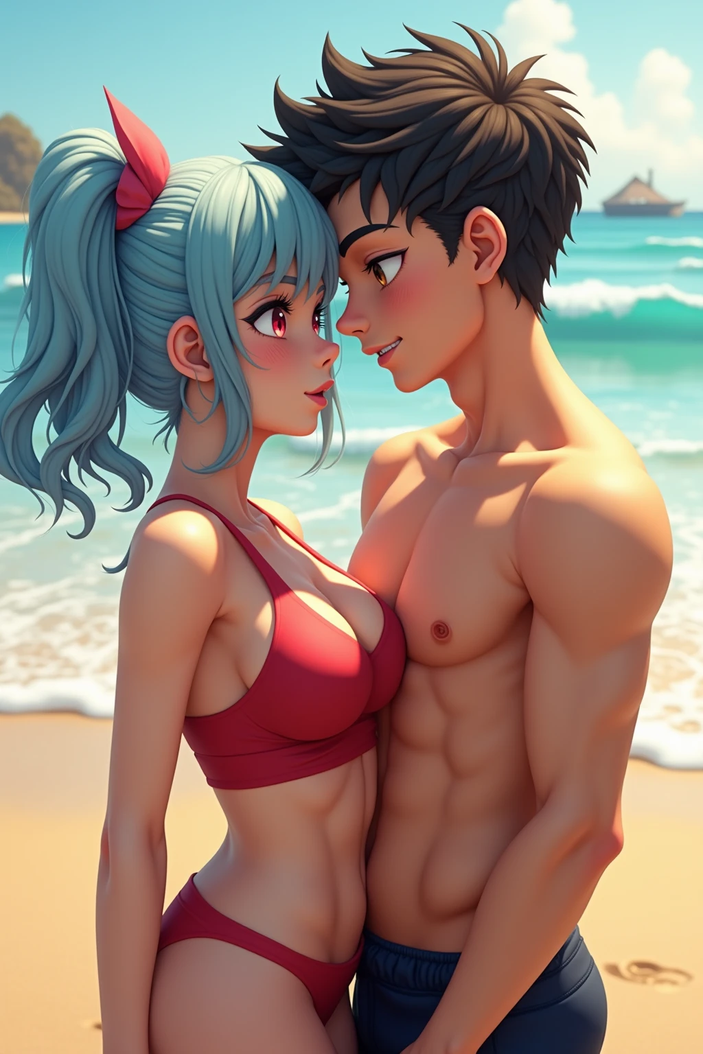 summer sea, , 白い透明なsuper micro bikini、super micro bikini、 (1 girl&#39;Blue eyes and blonde hair curl instantly、), （ Handsome man hugging his girlfriend from behind, talking in her ear, lift her up）, 40k, photore, master piece, quality, he opens his eyes wide, stick out her tongue,-tongue, crazy, she keeps her mouth open, shout, Ahegao, Difficulty breathing, face turns red, Sweat,