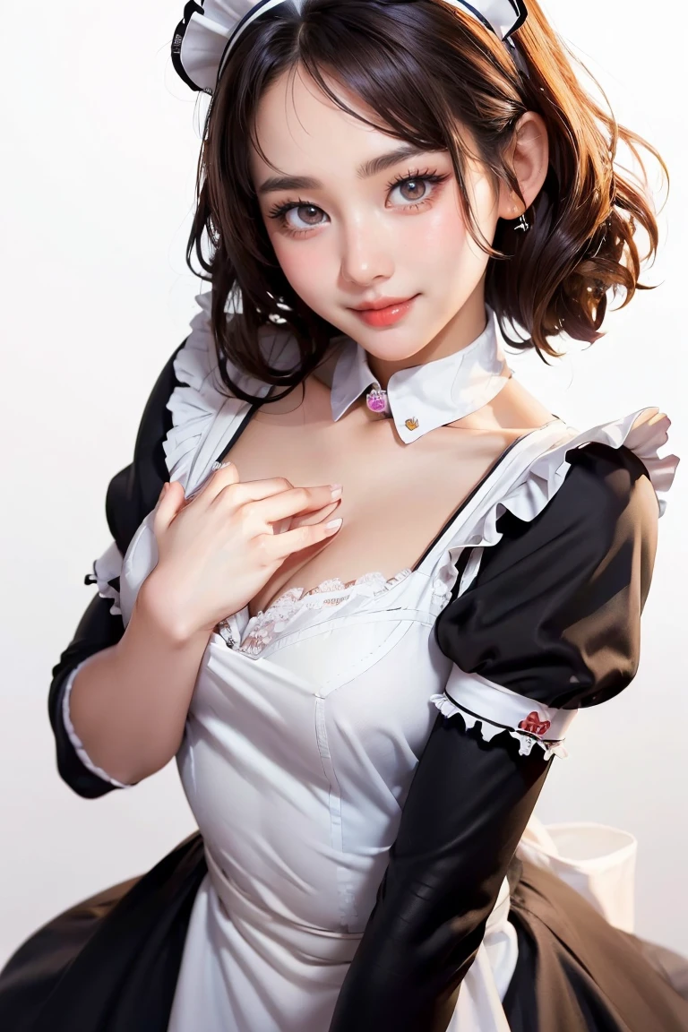 ((beautiful maid:1.5),high resolution, top quality),wearing maid's uniform,soft hands, big bright eyes, dark and vibrant curled hair, sweet smile, rosy cheeks, soft light, pure white background.  