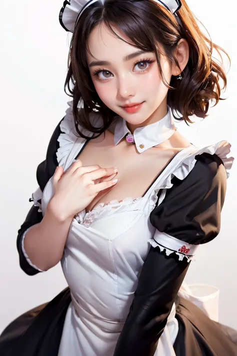 ((beautiful maid:1.5),high resolution, top quality),wearing maid's uniform,soft hands, big bright eyes, dark and vibrant curled ...