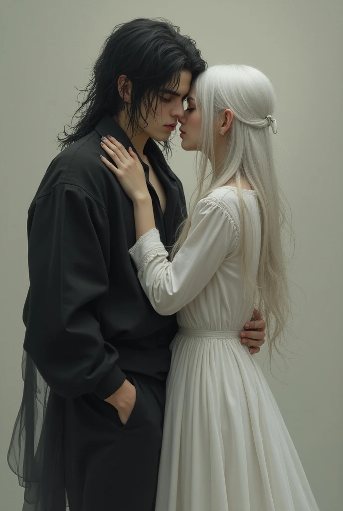 A dark-skinned man with long white hair, hugging a beautiful girl.