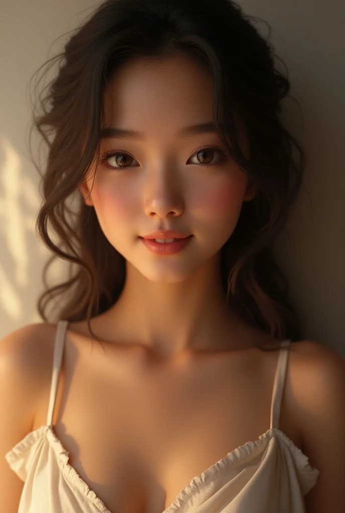 raw photo, 1young girl, kawaii, brown eyes, unique, individual, distinctive face, extremely detailed eye and face, fair skin, lace cute bra, beautiful breasts, upper body, (Best Quality, highly detailed:1.2) High-definition raw color photos, professional photograpy, Realistic portrait, sunset shining through the window, breathtaking beauty,
