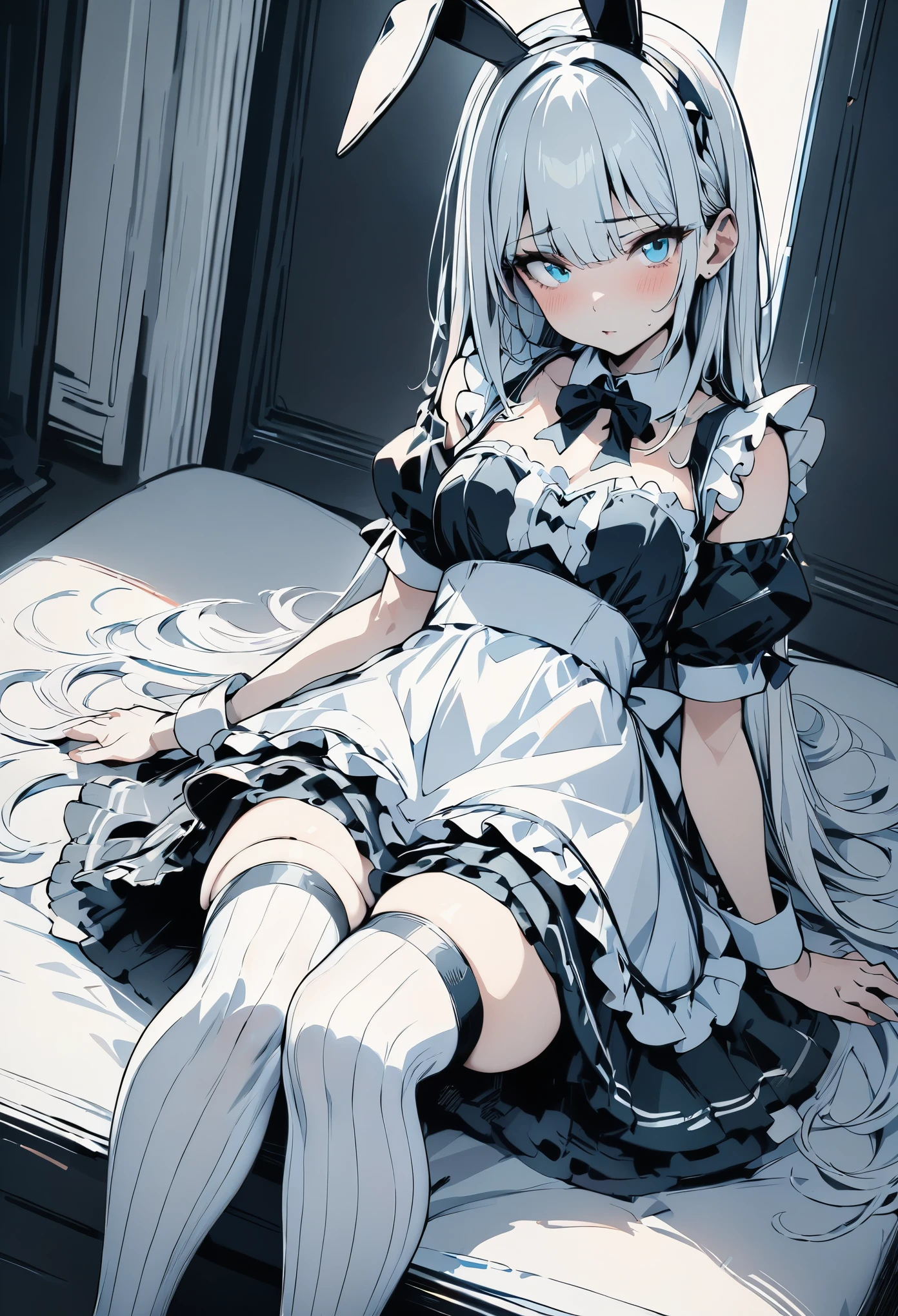 (masterpiece,  best quality:1.2),   1 girl, Alone, The hair color is black and the inner color is pink、Bunny Ears、Maid uniform、(black and white striped knee-highs)、Black and White