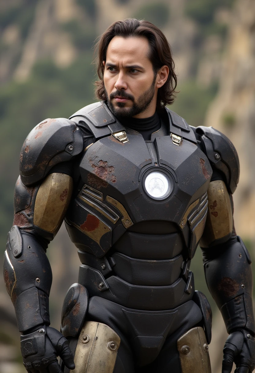 man wearing iron man costume,open mask,battle damage armor,metal defect armor,iron mark 85,big muscle armor,highly detailed,intricate details,cinematic lighting,dramatic shadows,metallic textures,realistic weathering,photorealistic,8k,award winning digital art. Tony stark beard. Long hair wavy 