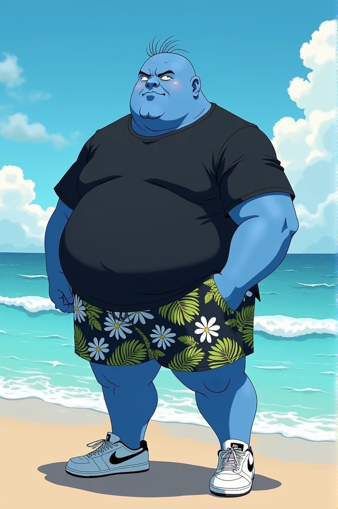 chubby man (jinbei) standing in beach, blue skin, muscular, chest tattoo, beach, palm, realistic, 8k, masterpice, shorts, hawaiian shirts