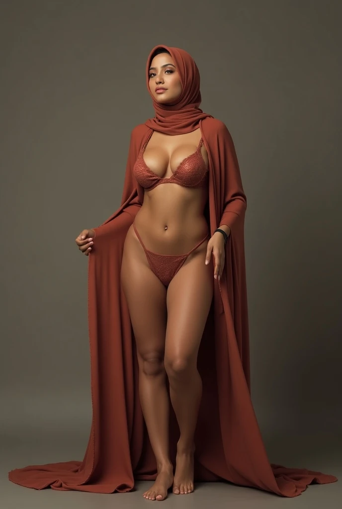 (Red Hijab) A very small & skinny girl naked in the toilet, (Flat Chest), (Shiny Dark Skin), very Very shiny dark skin, (Hairy pussy & Net Stockings), (Yellow Panties).