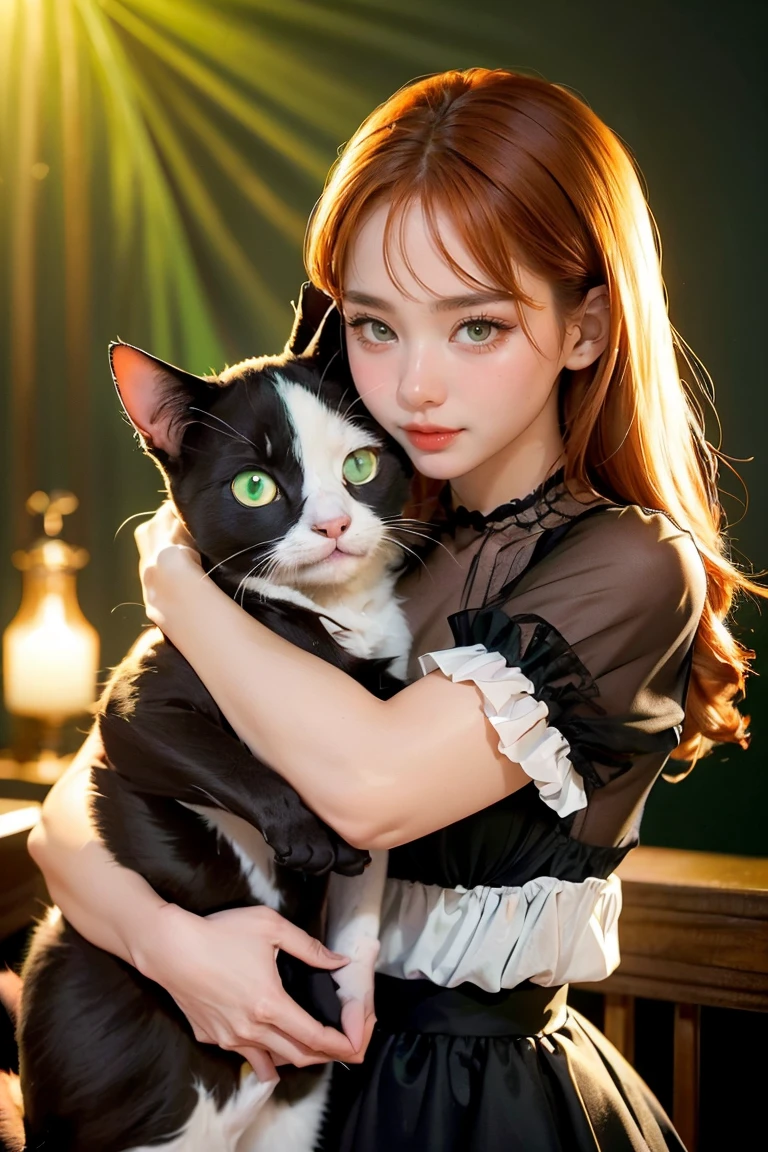 (2cats:1.3), (2animals:1.3), ((black brown eyed cat)), ((ginger green eyed cat)), (hugging:1.2), wonderful atmosphere, cute vibe, magic dust