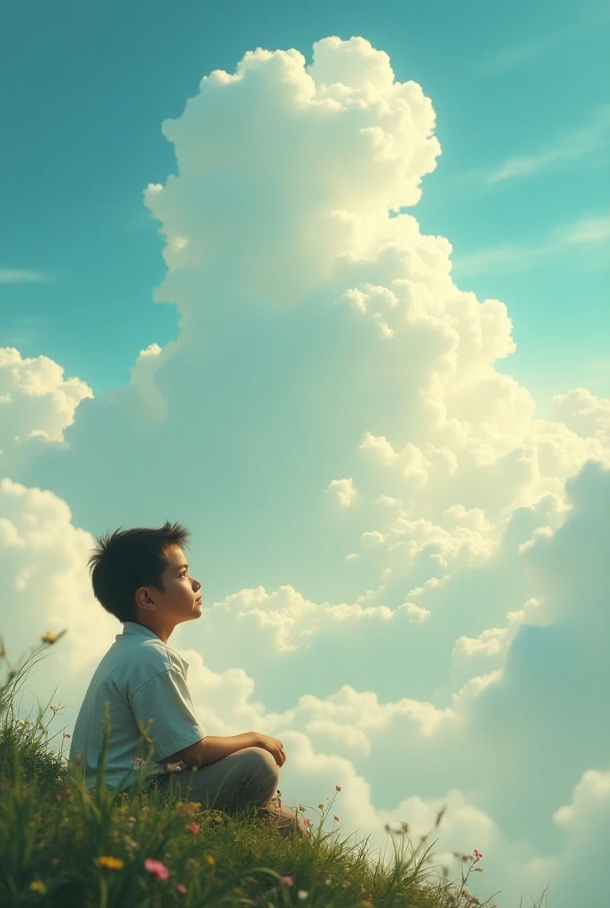  a 10 year old boy with black hair looking up at the sky 