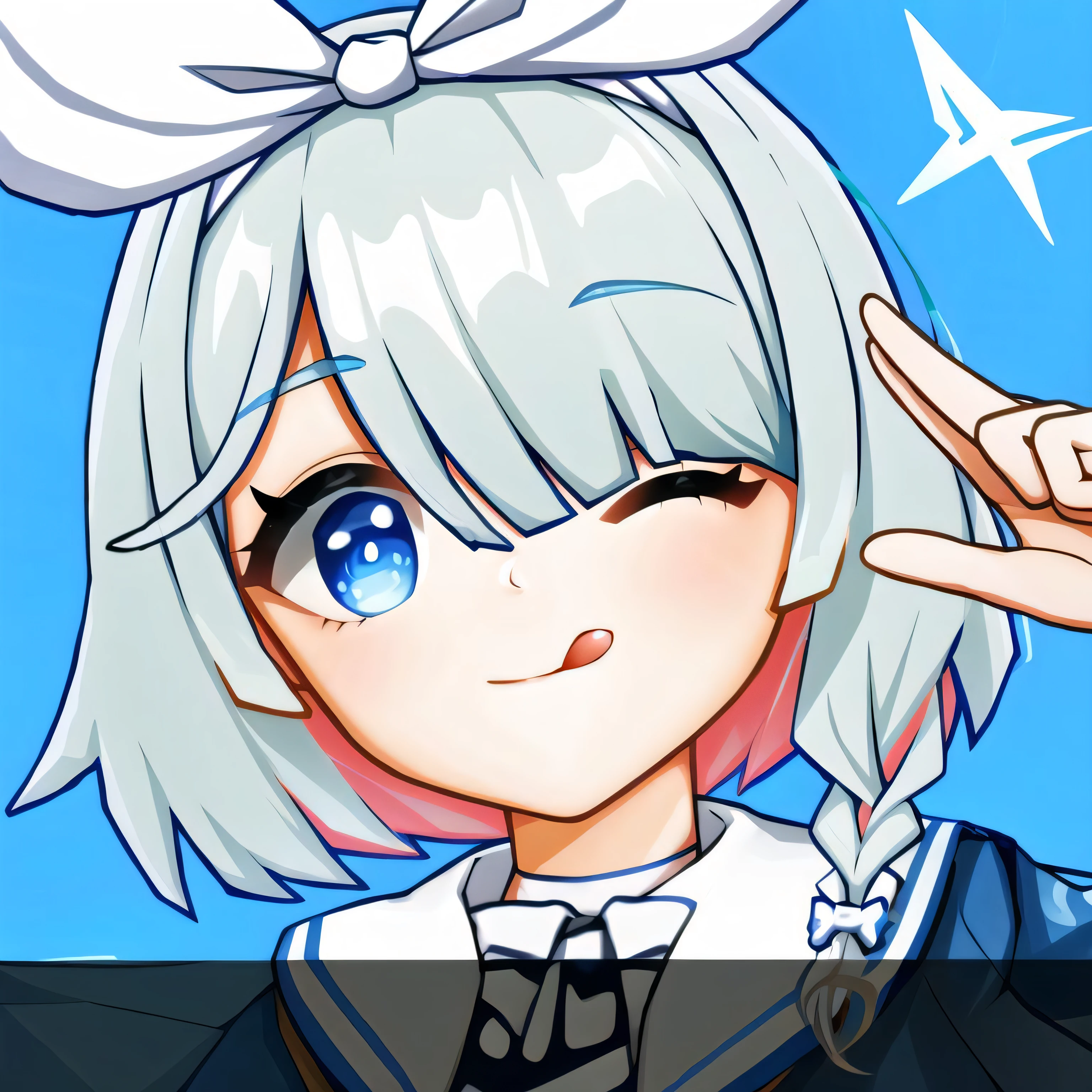 Elaine (25 year old German female, very long ponytail white hair, blue eyes), wearing (white serafuku, opened black leather jacket, black pleated skirt, black choker, black halo, black pantyhose, hairband), lying down, looking at viewer, hands on halo, eyebrows visible through hair, disarming smile, (MasterPiece) (Highly Detailed) (4k)