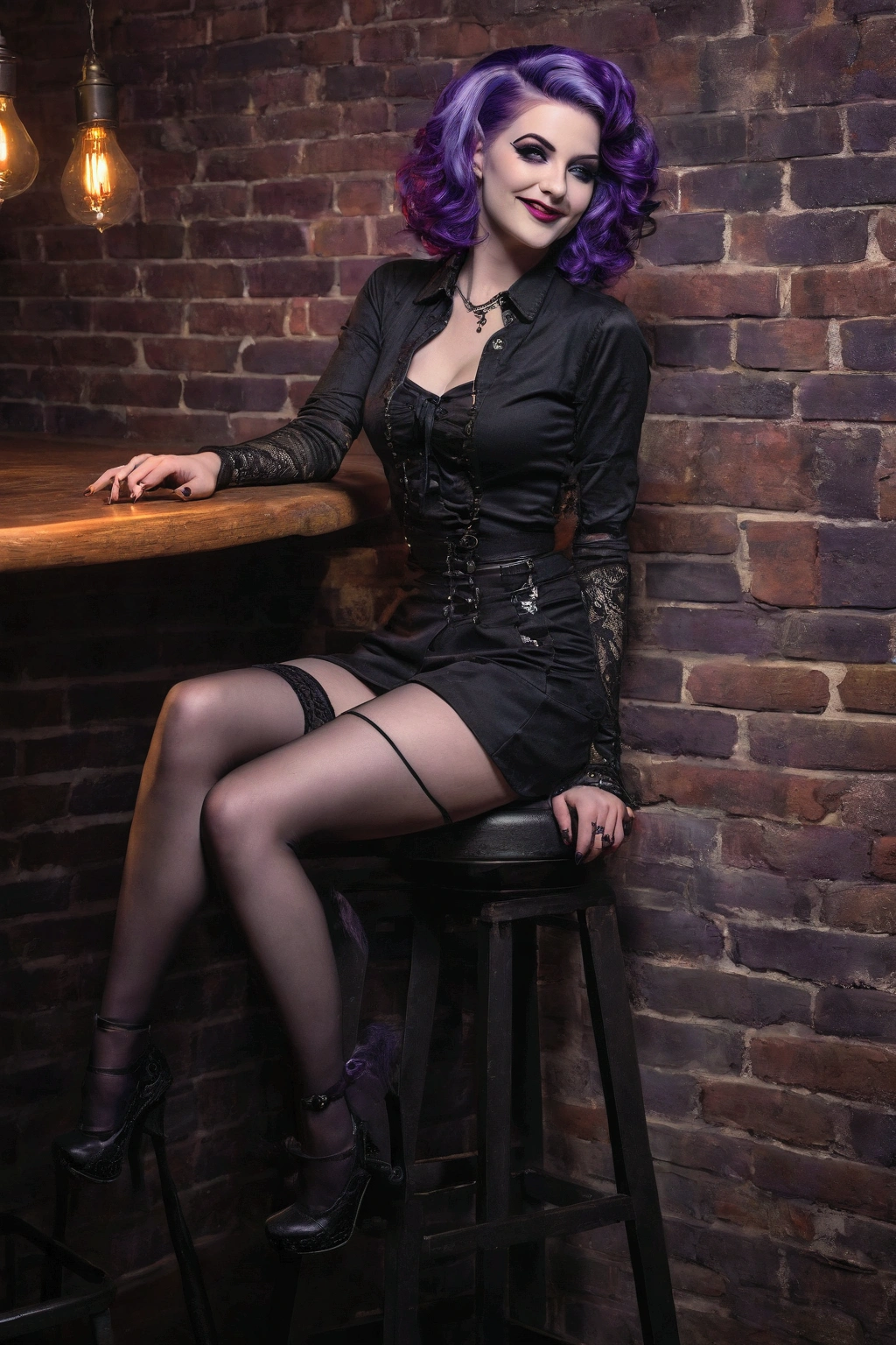 Naked goth girl, wearing stockings and high heels, lots of tattoos and piercings, purple hair, shaved pussy, legs spread open, high definition