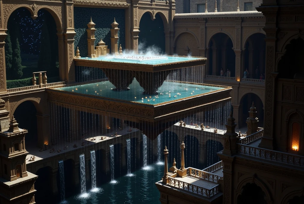 In the soft, ethereal glow of the moonlight, an ancient South Indian bathhouse reveals its grandeur, nestled deep within the heart of a massive palace. This multi-layered bathhouse, inspired by the architecture of ancient Indian stepwells, is a marvel of intricate design and serene beauty. The upper pool, suspended high above the ground, is the centerpiece of this celestial oasis. Crafted from transparent crystal or glass, the pool glows faintly under the moonlight, its surface reflecting the stars above. Elegant pillars rise from the floor to support this upper pool, each pillar carved with ornate patterns, deities, and symbols from South Indian mythology. In the center of this pool is a luxurious bed resting on a raised stone platform, draped in delicate silks and surrounded by small floating candles. This bed, bathed in moonlight, is a tranquil haven that seems to float atop the water, inviting relaxation in this heavenly setting. Below the upper pool lies the vast lower pool, whose edges are lined with a series of small temples and stone shrines. Surrounding the pool are graceful arched bridges that span over cascading waterfalls, the sound of rushing water filling the air with a sense of timeless peace. The waterfalls pour into the pool from multiple levels, creating an ever-flowing, vibrant scene, while fountains in the middle of the pool gently spray water into the air, their rhythmic splashes adding to the harmonious atmosphere. The pool itself is vast and serene, like a reflective mirror under the night sky. The entire bathhouse is illuminated by hundreds of small, twinkling oil lamps, placed strategically along the carved ledges, temple walls, and floating gently on the water. These lamps glow like stars, casting a warm golden light that dances across the water's surface, creating a mystical, celestial atmosphere. The architecture, inspired by ancient Indian stepwells, showcases intricate stone carvings and deep layers of staircases leading down to the
