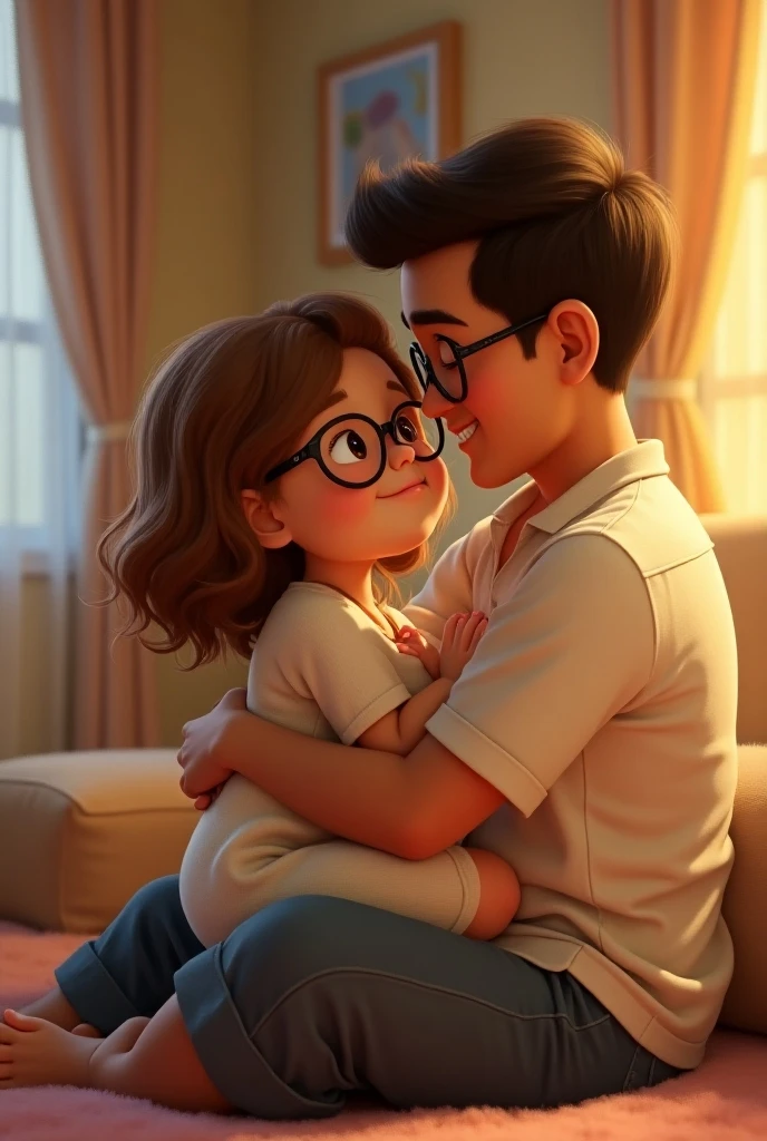 Tall, skinny Pixar boy with short dark hair and a lot of chin and chin with glasses hugging a girl with short blonde hair in a flowery dress.