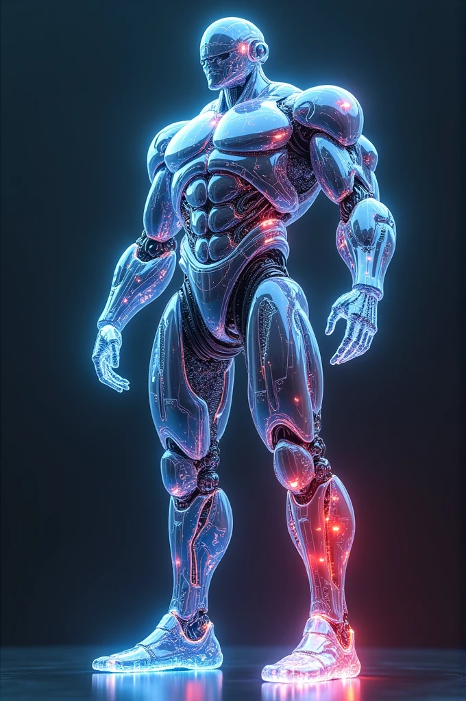 work of art, highest quallity, sf, Standing in space、 Hyperdimensional Robot、Fluorescent wire、Crossbow design、(Translucent armor, visible internal mechanics):1.2、(Transparent red base, purple joint, blue internal mechanism)、(Chest Wave Cannon、Shoulder Beam Launcher)、